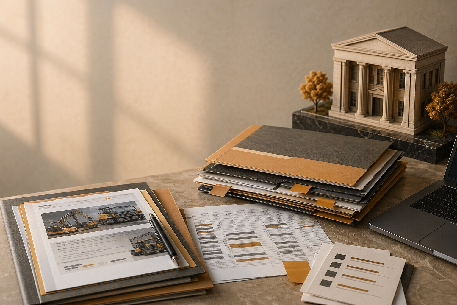 Editorial fintech desk with bank model, loan files, and warehouse-line risk notes
