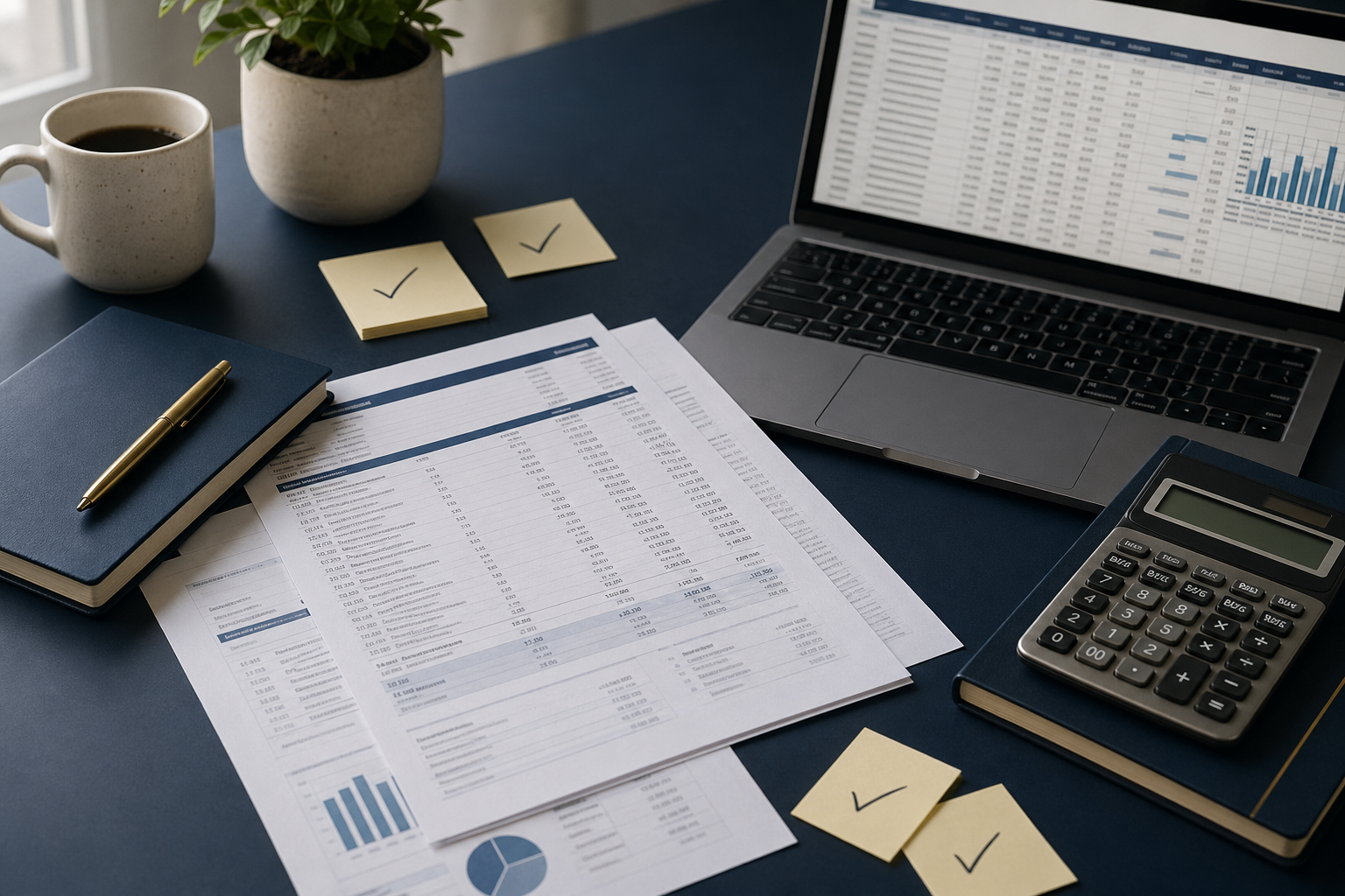 Printed bank statements, spreadsheet, and calculator arranged for underwriting review
